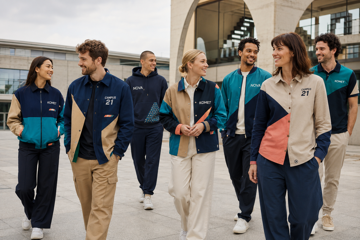 Gruppe junger Menschen in personalisierter Teamkleidung mit Campus 21 und Nova Logos.