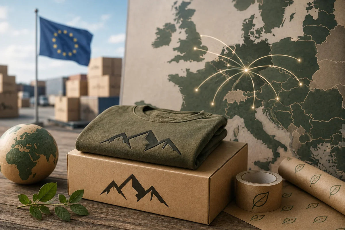 Olivegrüner Hoodie mit Berg-Motiv auf Versandkarton vor einer Europakarte
