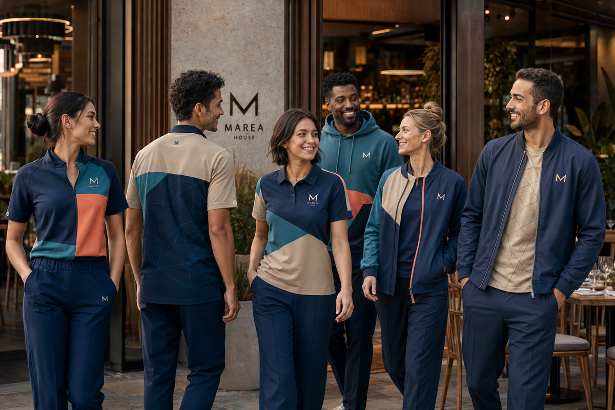 Gruppe von Mitarbeitern in personalisierter Teamkleidung mit Marea House Logo vor einem Restaurant.