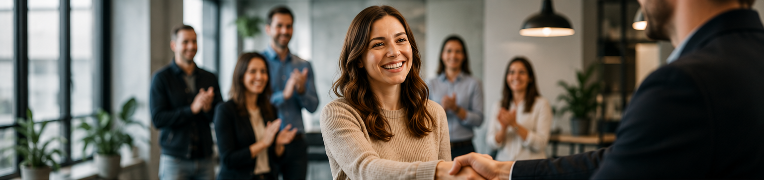 Lächelnde Frau schüttelt Hand in modernem Büro mit applaudierendem Team im Hintergrund