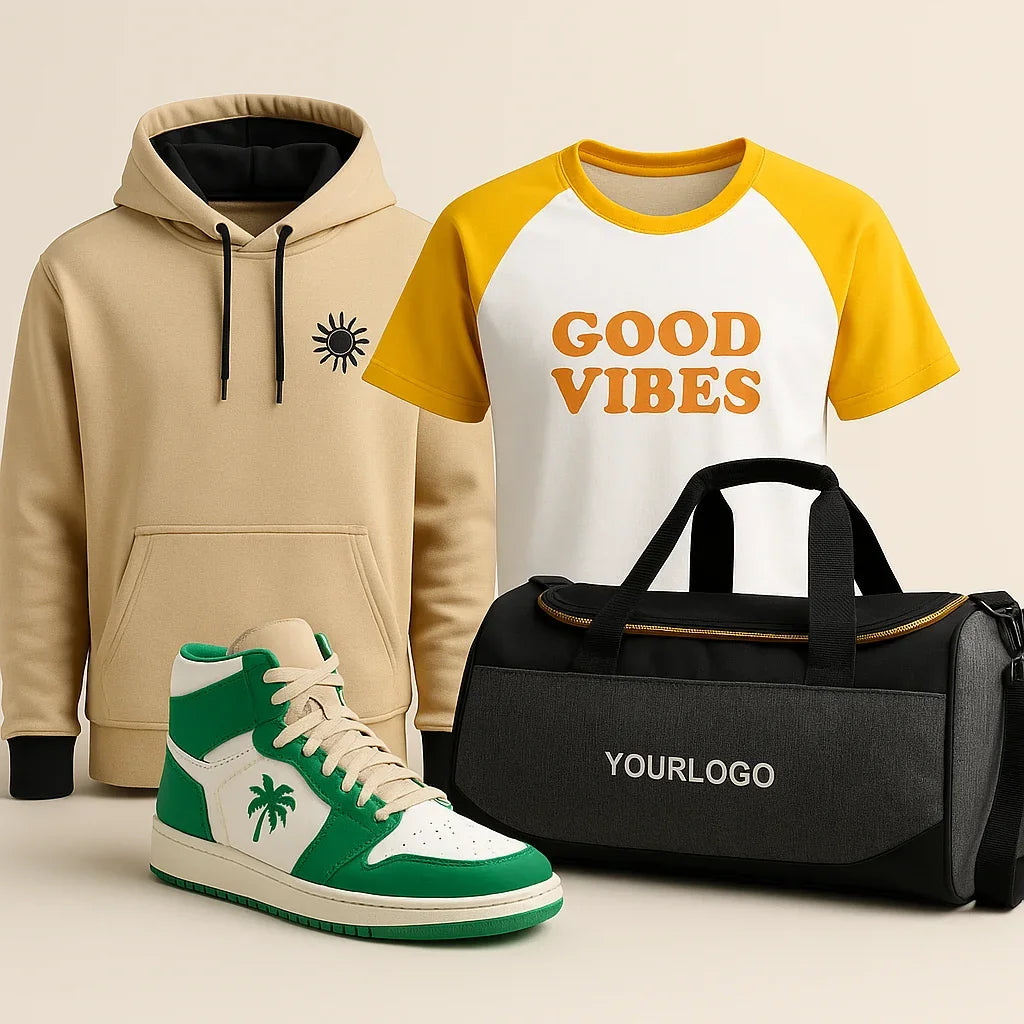 Personalisierbare Hoodie, T-Shirt mit Good Vibes, Sneaker & Tasche – individuell gestaltbar ohne Mindestmenge