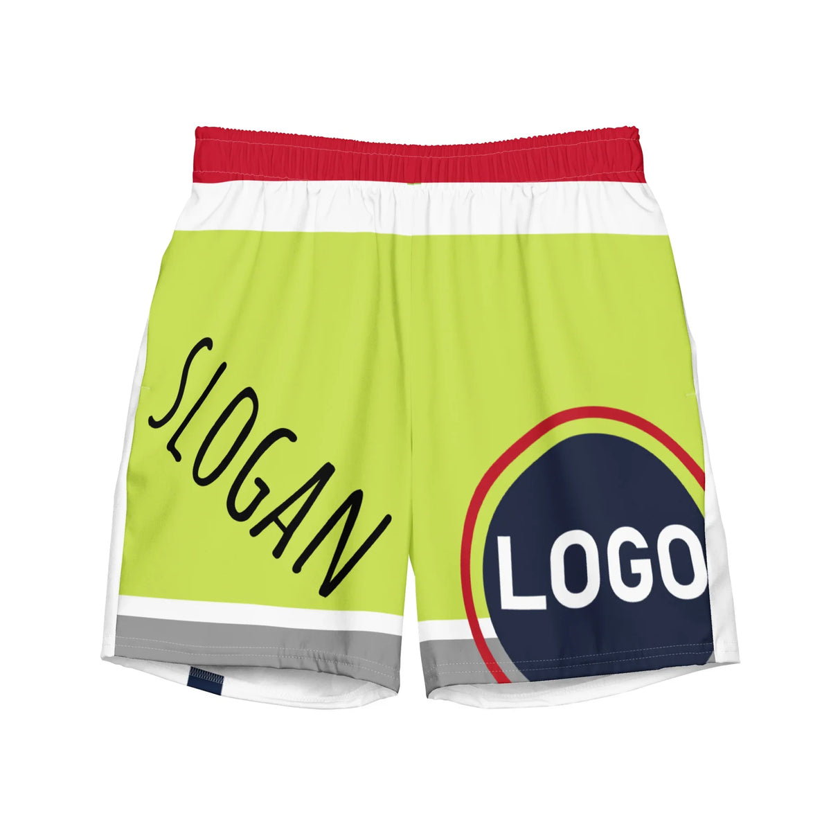 Personalisierte Sportshorts in Neongelb mit individuellem Slogan und Logo-Druck