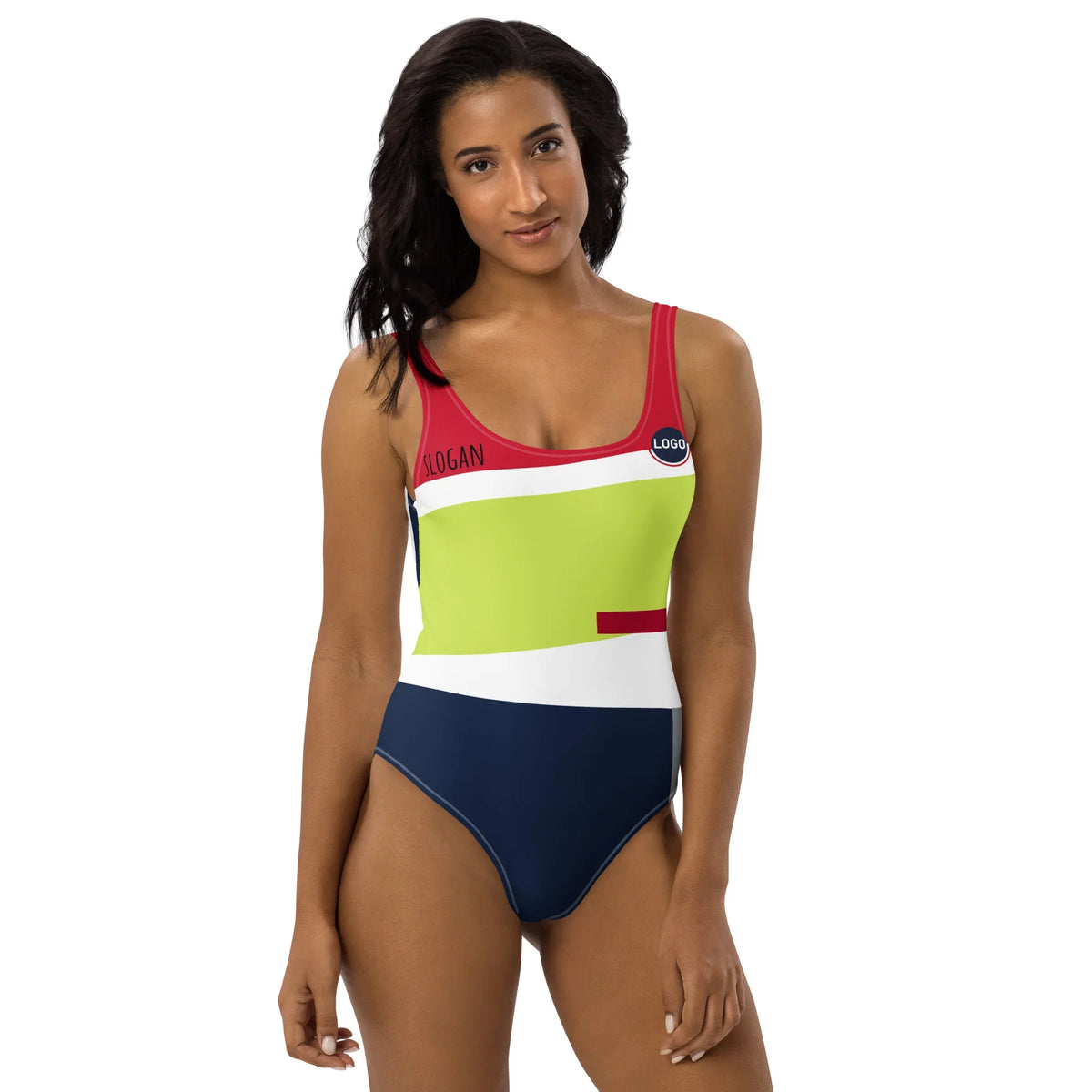 Einfarbiger Damen Badeanzug mit buntem Grafikdesign und Slogan-Platzhalter.