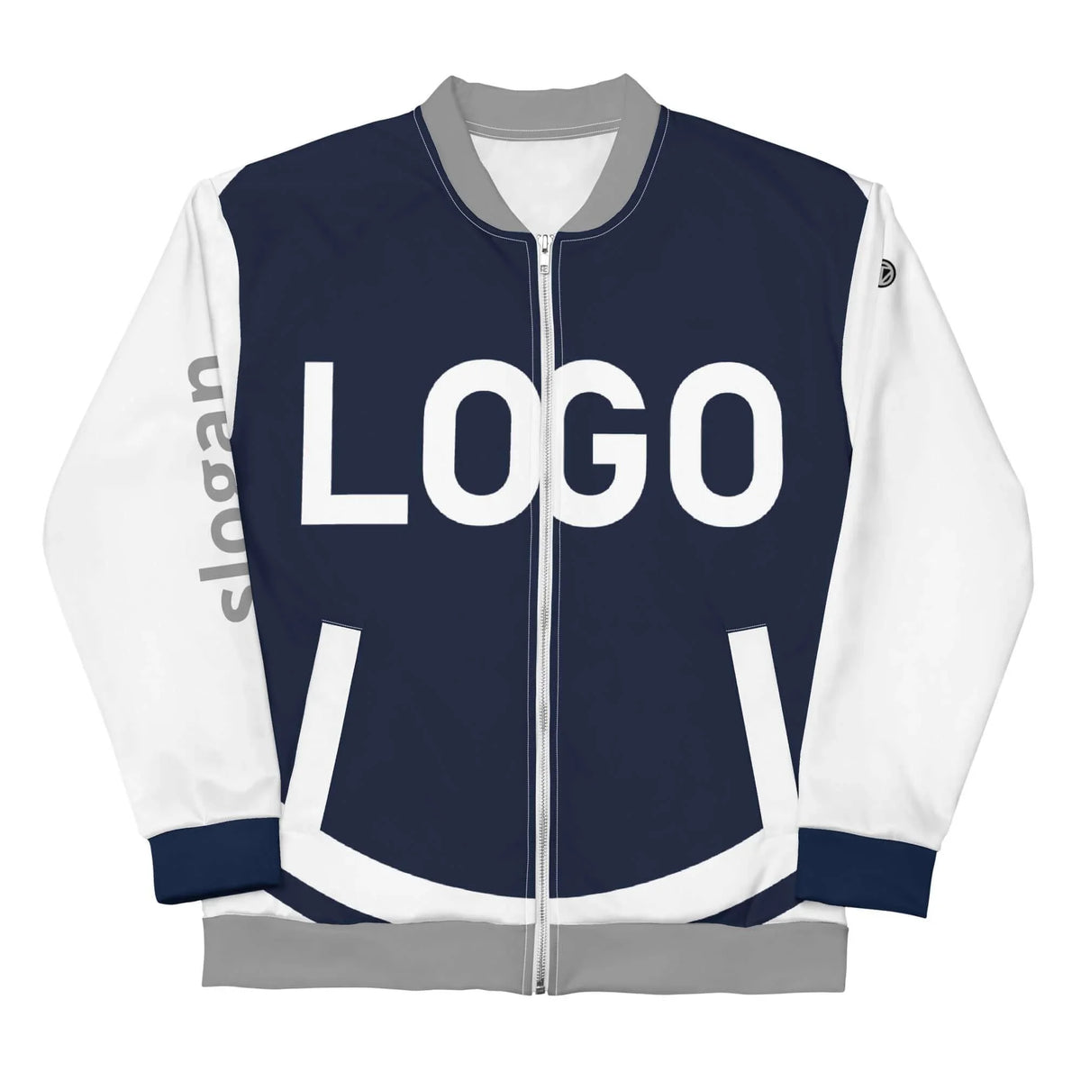Personalisierbare dunkelblaue Bomberjacke mit weißen Ärmeln und Platzhalter für Logo und Slogan