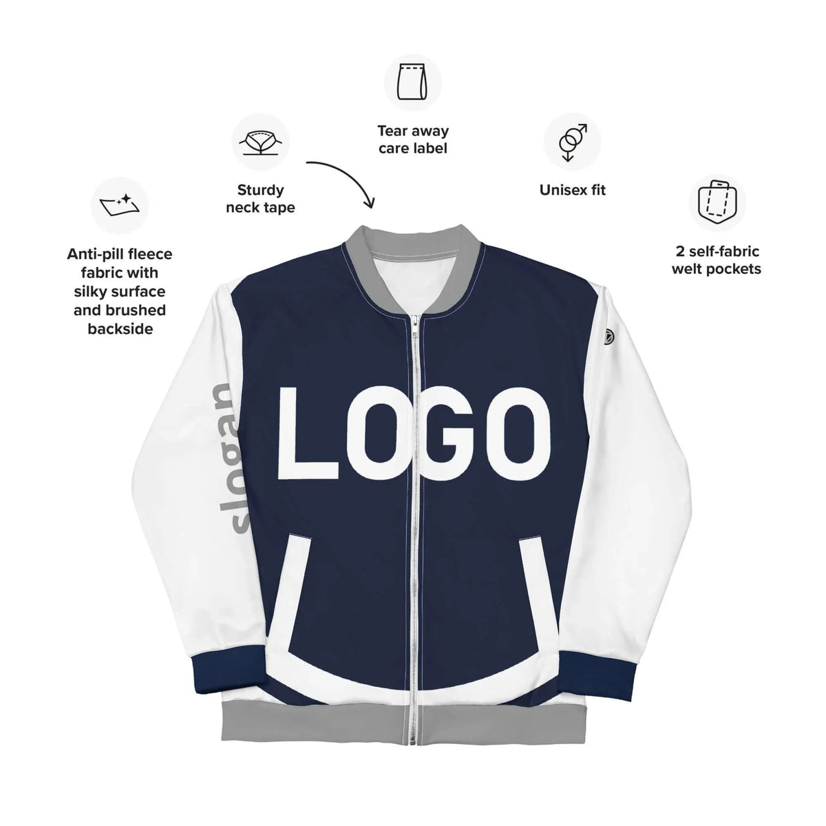 Personalisierbare dunkelblaue Varsity-Jacke mit weißen Ärmeln und Logo-Platzhalter.