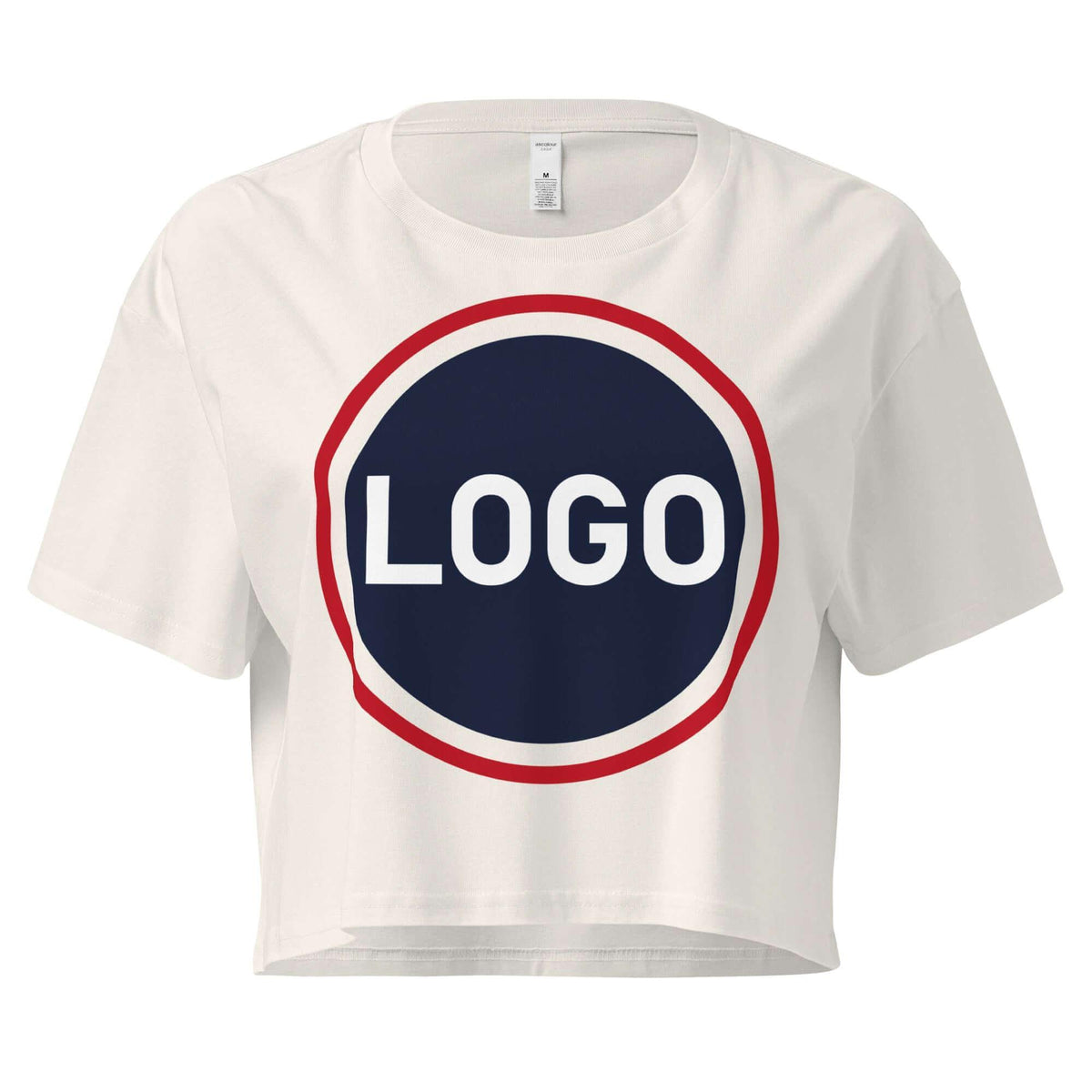 Weißes Crop-Top T-Shirt mit kreisförmigem Logo-Print in Blau, Rot und Weiß