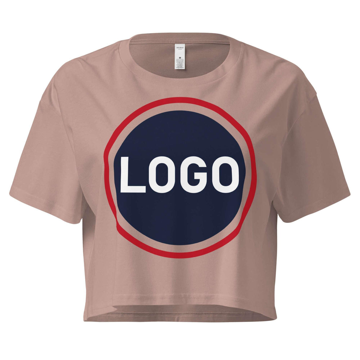 Beiges Crop-T-Shirt mit rundem Logo-Print in Blau, Rot und Weiß