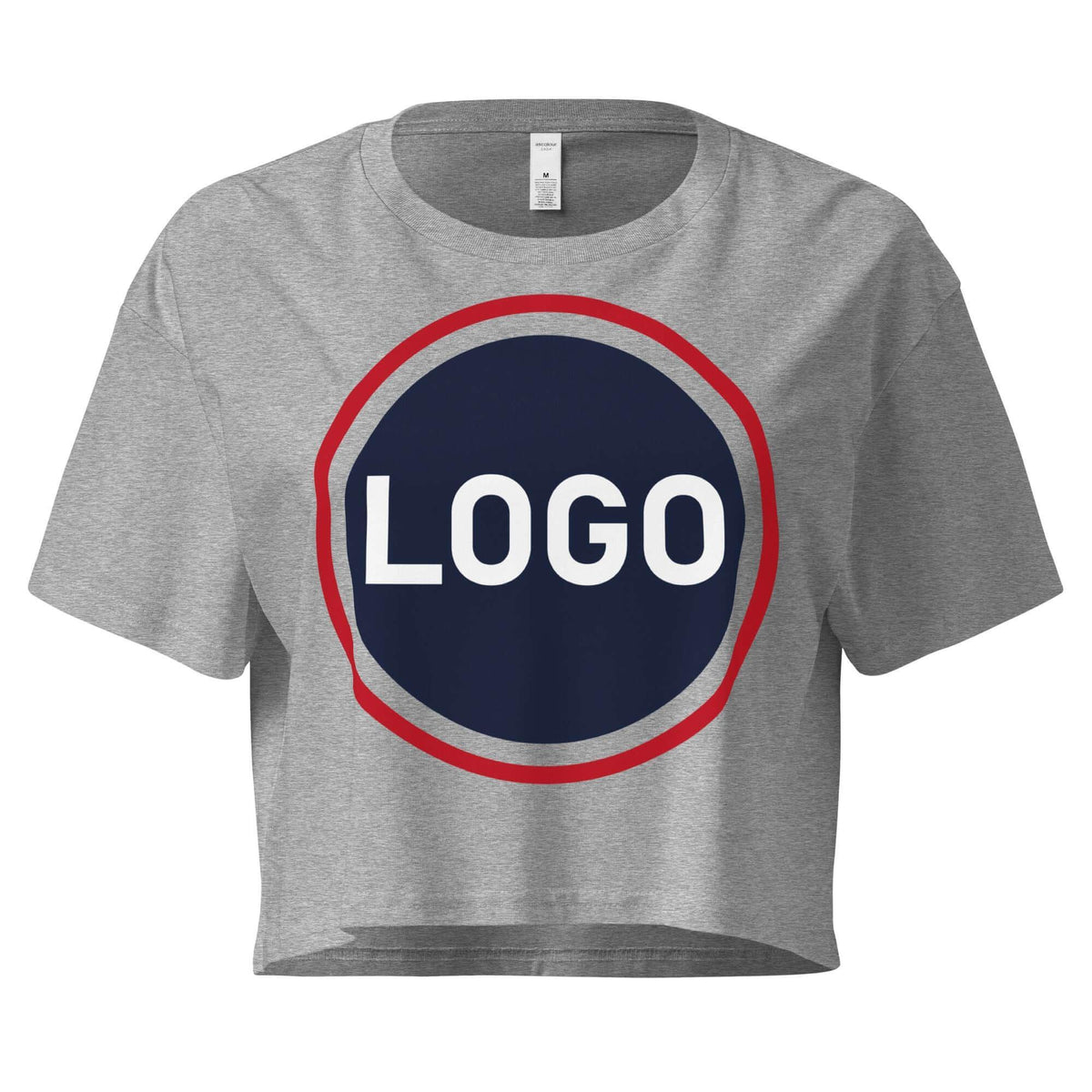 Graues Crop-T-Shirt mit rundem blauem Logo-Print und rotem Rand