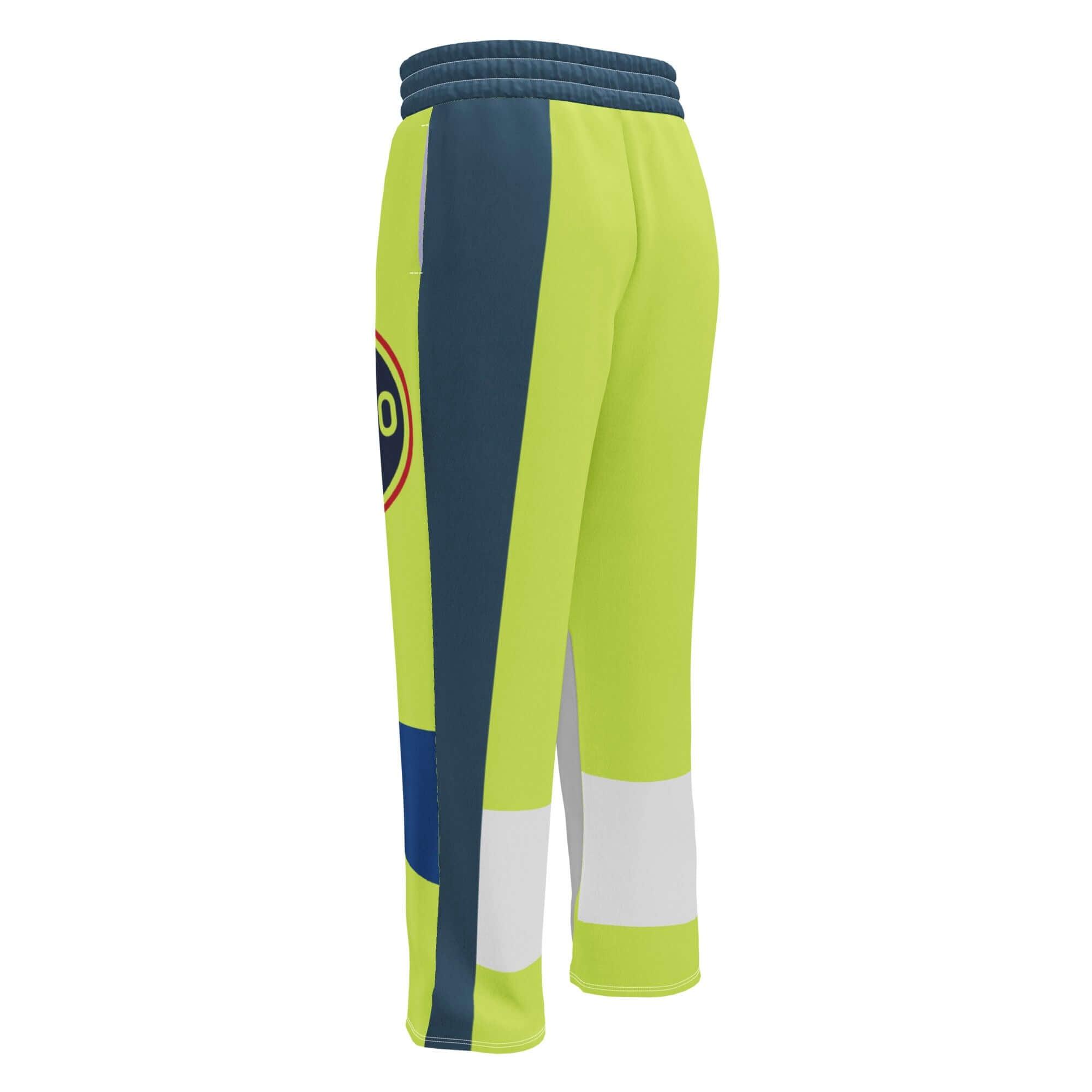 Gelbe Jogginghose mit blauen und weißen Akzenten und kreisförmigem Logo-Print