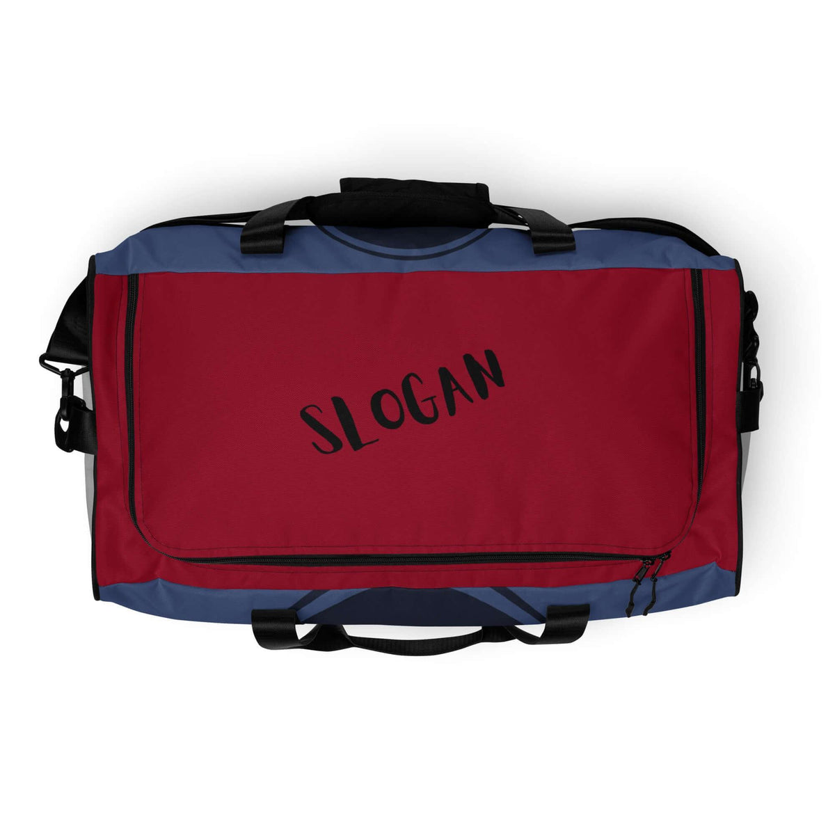 Personalisierbare Sporttasche in Blau und Rot mit dem Schriftzug SLOGAN
