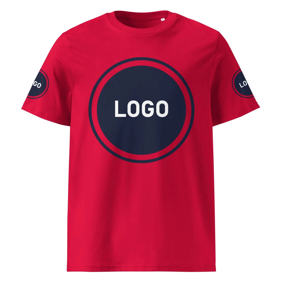 Rotes T-Shirt mit rundem dunkelblauem Logo-Print auf der Brust und Ärmeln