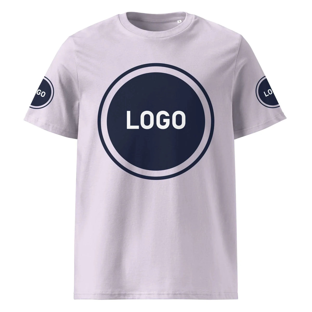 Hellviolettes T-Shirt mit dunkelblauem Logo-Print auf der Brust und den Ärmeln