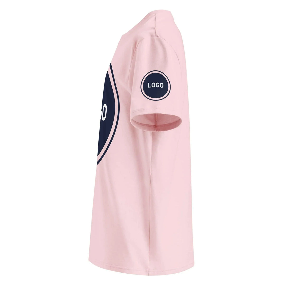 Rosa T-Shirt mit dunkelblauem Logo-Print auf der Vorderseite und am Ärmel