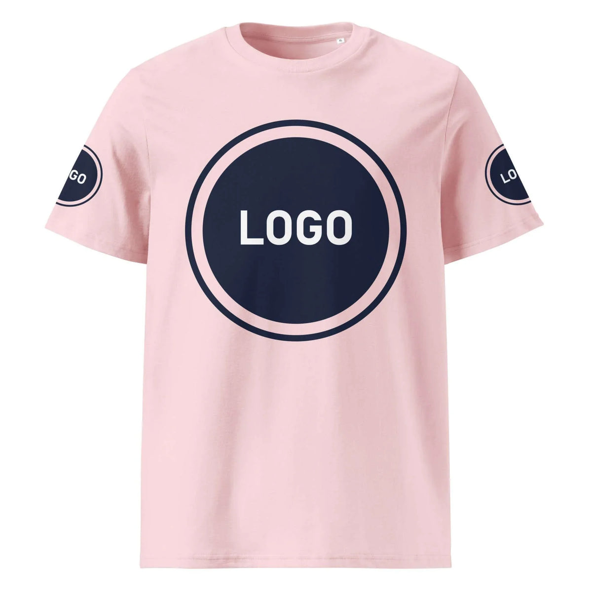 Rosa T-Shirt mit kreisförmigen Logo-Platzhaltern auf der Brust und den Ärmeln
