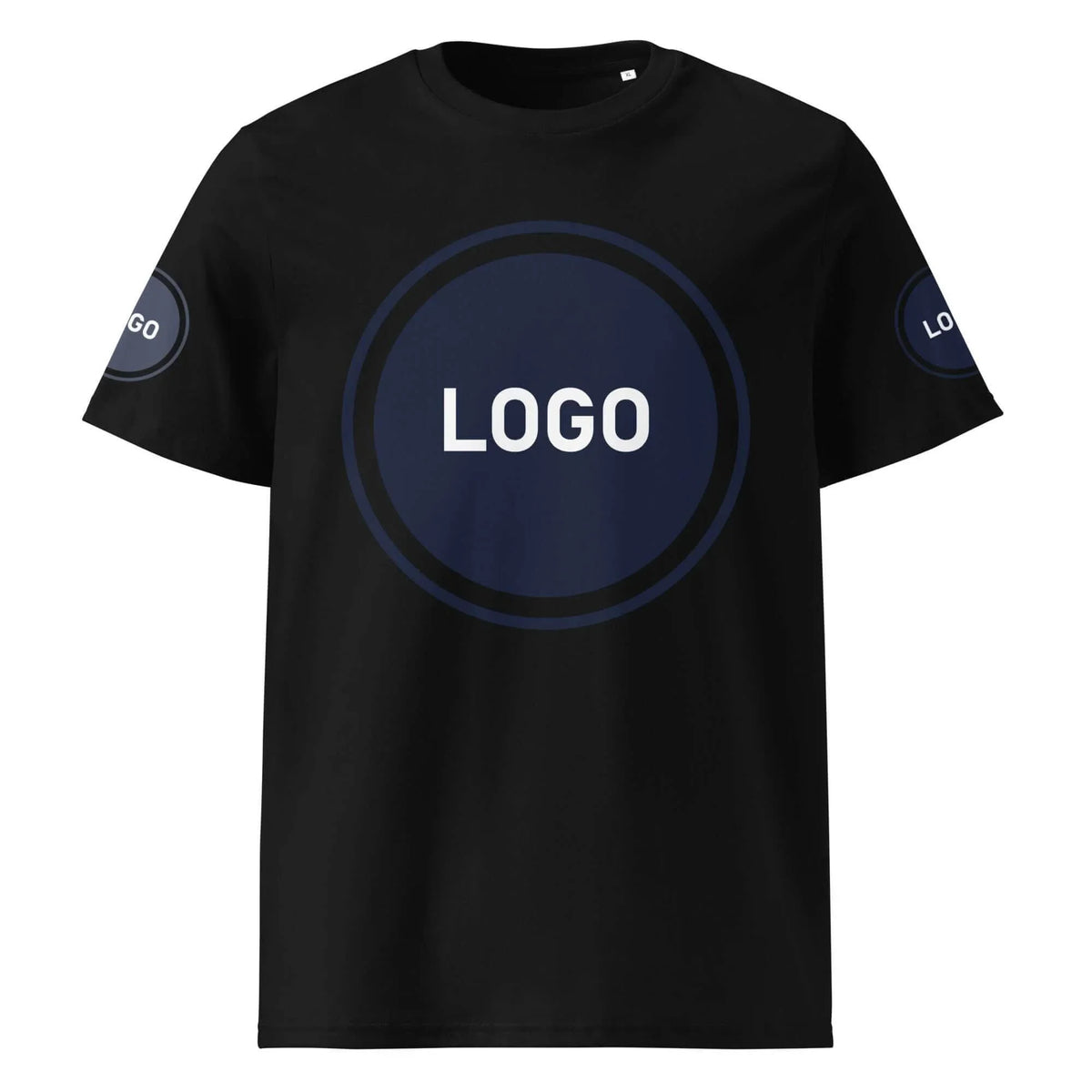 Schwarzes T-Shirt mit kreisförmigem Logo-Platzhalter auf der Brust und an den Ärmeln