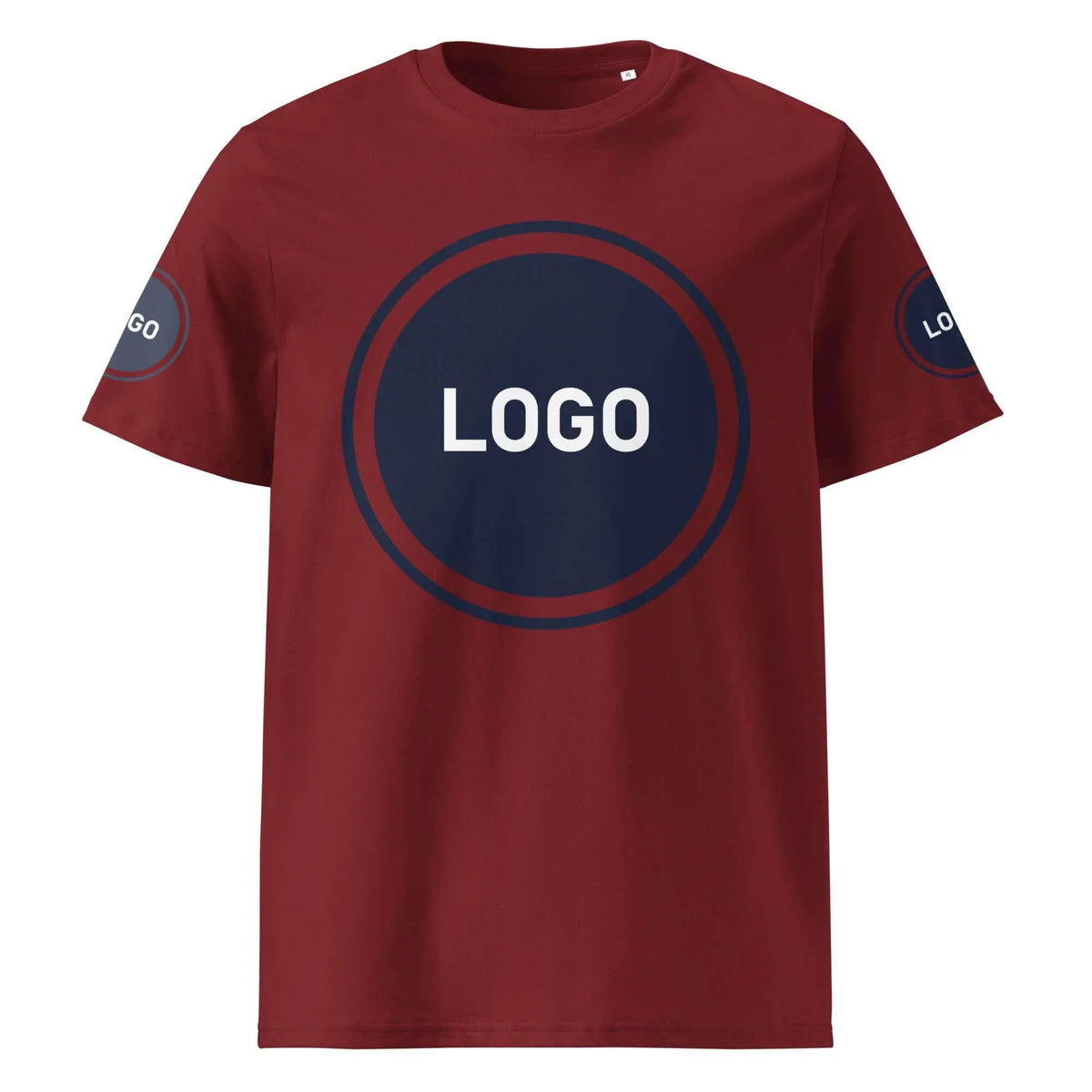 Weinrotes T-Shirt mit kreisförmigem Logo-Print auf der Brust und an den Ärmeln