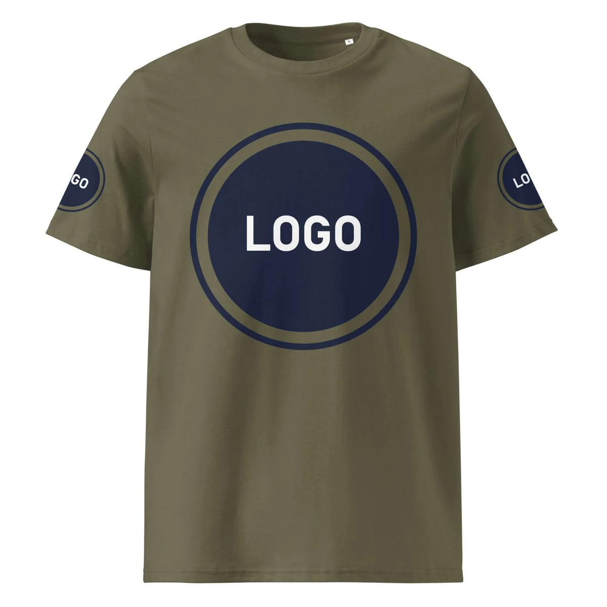 Olivgrünes T-Shirt mit kreisförmigem Logo-Print auf der Brust und an den Ärmeln