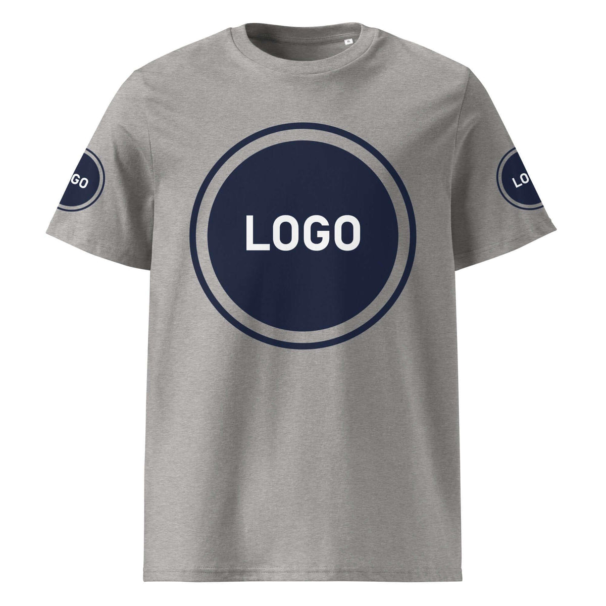 Graues T-Shirt mit dunkelblauem Logo-Print auf der Brust und am Ärmel