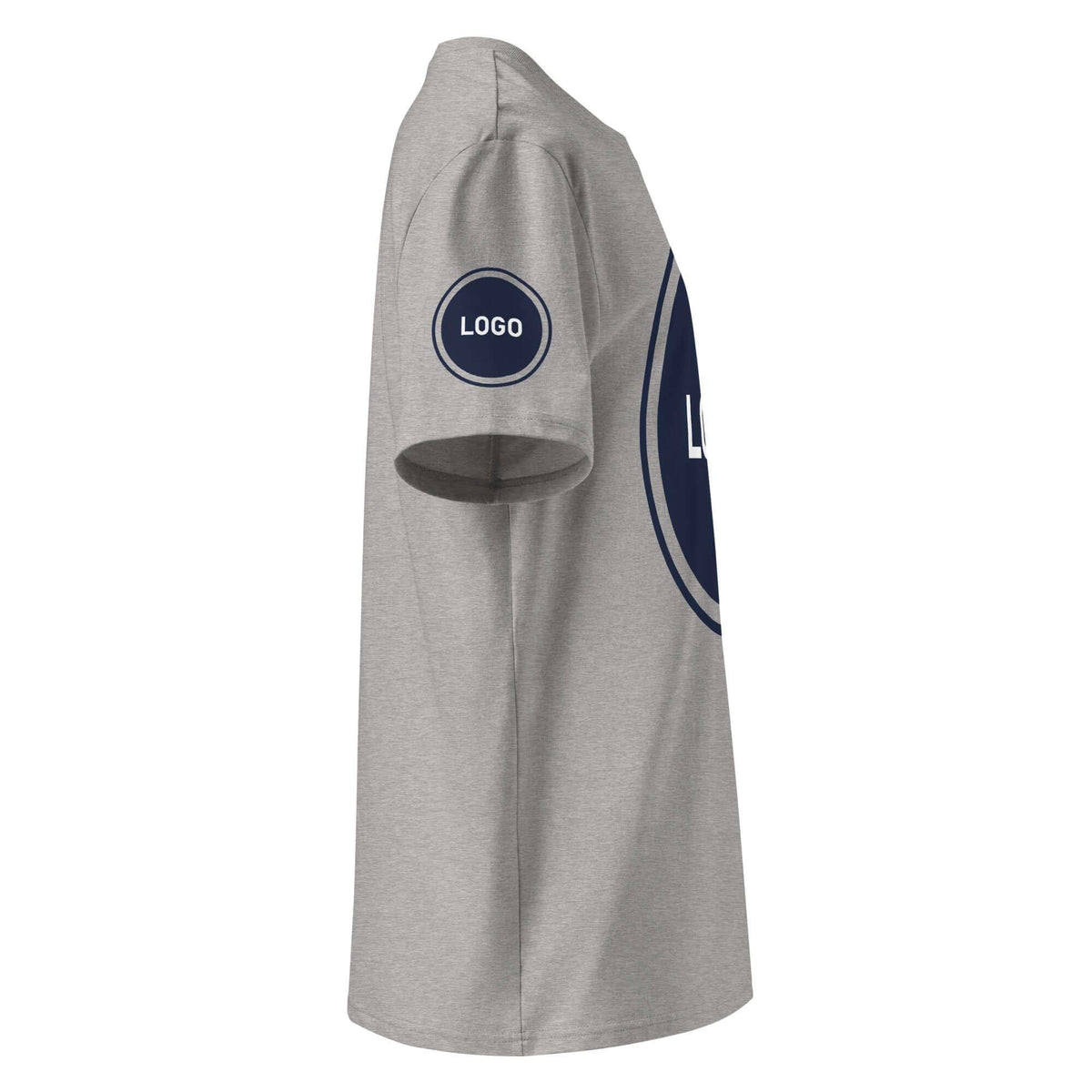 Graues T-Shirt mit dunkelblauem Logo-Print auf dem Ärmel und der Rückseite