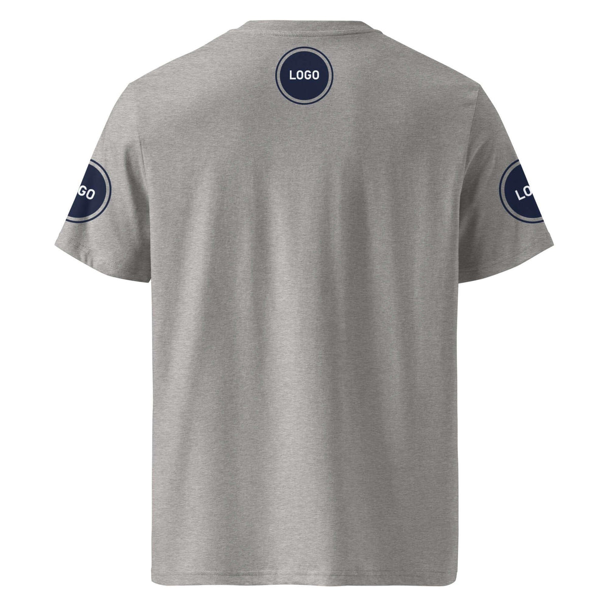 Rückansicht eines grauen T-Shirts mit Logo-Platzhaltern auf dem Nacken und den Ärmeln