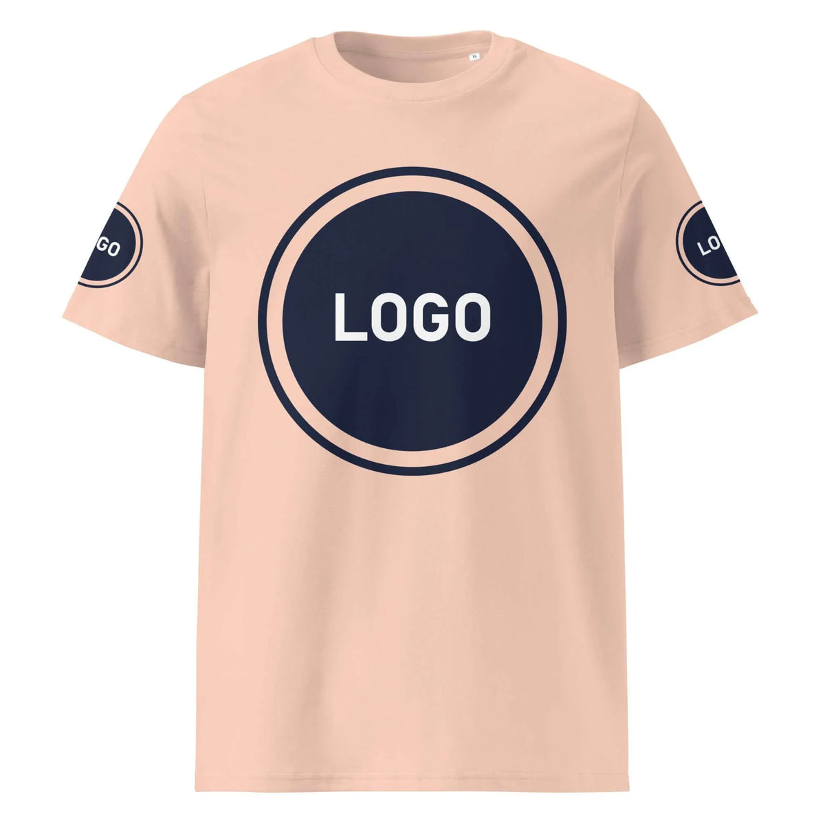 Hellrosa T-Shirt mit kreisförmigem dunkelblauem Logo-Print auf der Brust und den Ärmeln