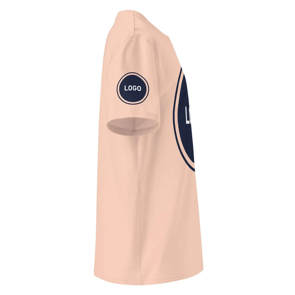 Hellrosafarbenes T-Shirt mit dunklem Logo-Print auf dem Ärmel und der Vorderseite