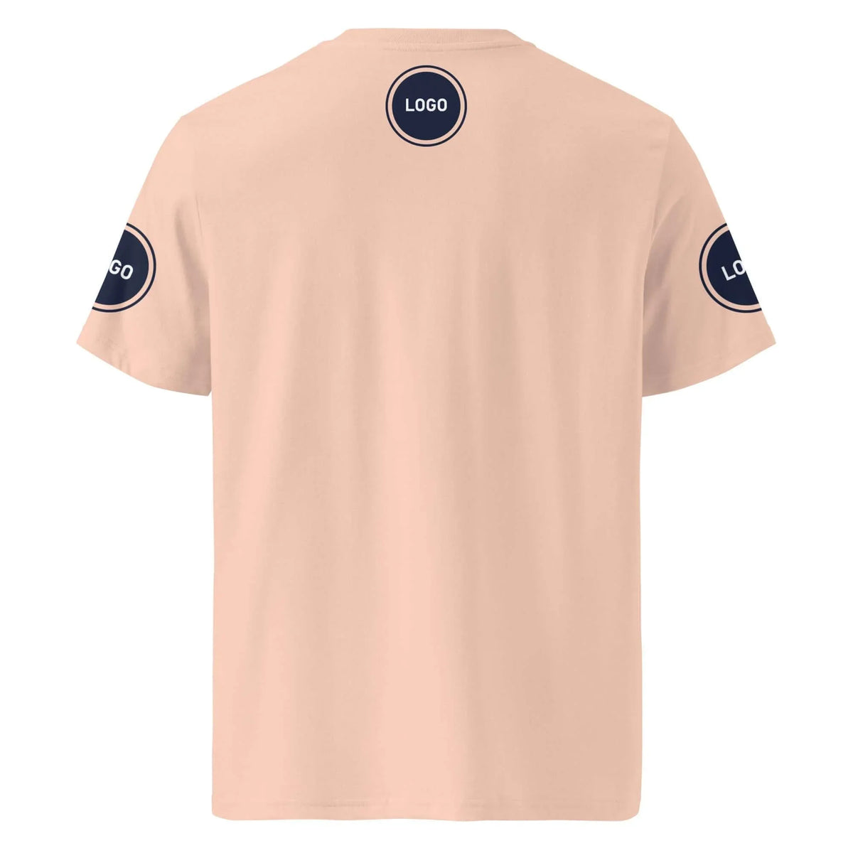 Rückseite eines pfirsichfarbenen T-Shirts mit runden Logo-Platzhaltern am Nacken und den Ärmeln