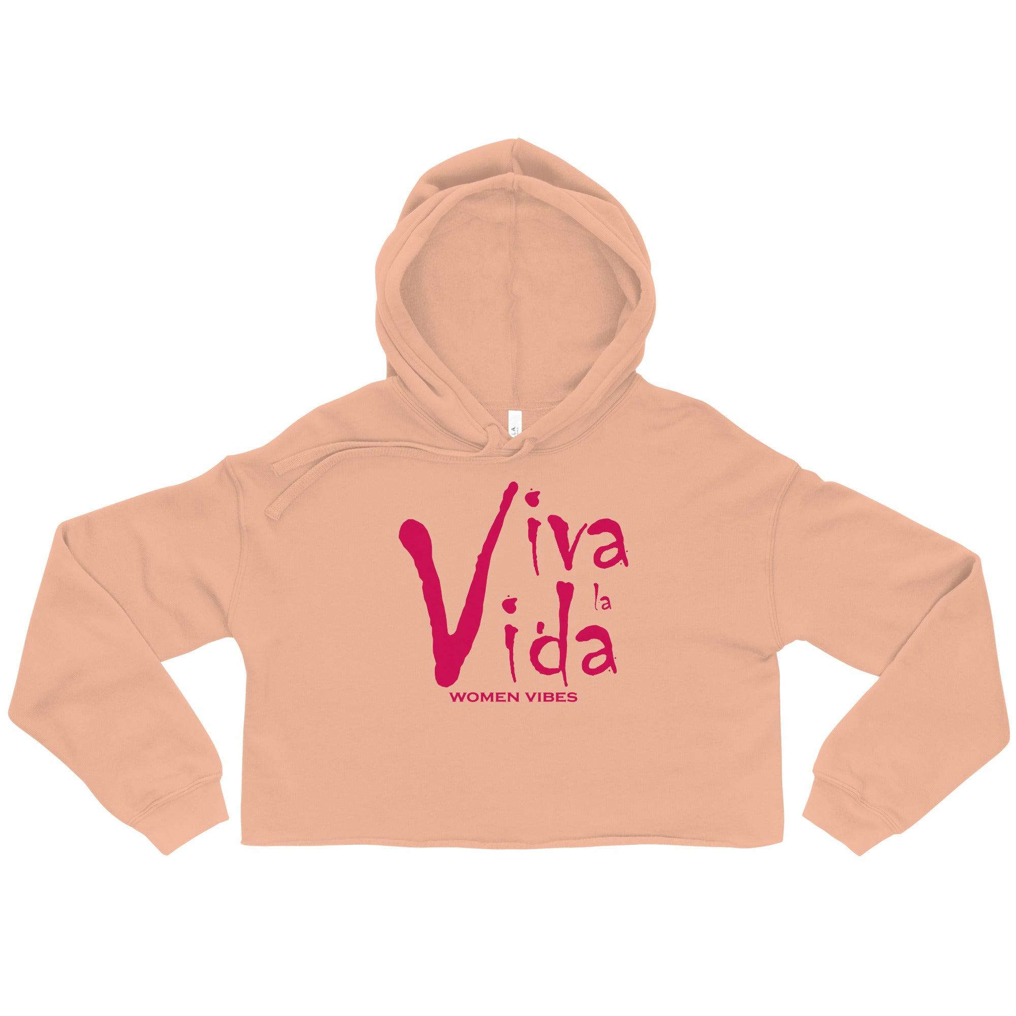 Damen Crop Hoodie in Rosa mit Aufdruck Viva la Vida Women Vibes, Kapuzenpullover