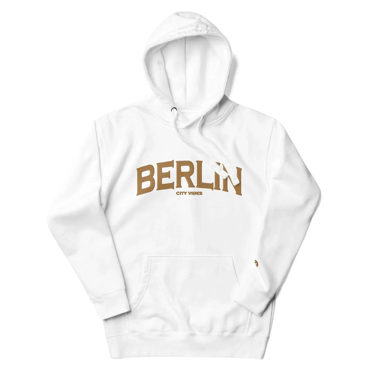 Weißer CREWILD Unisex Hoodie mit goldfarbenem BERLIN City Vibes Aufdruck