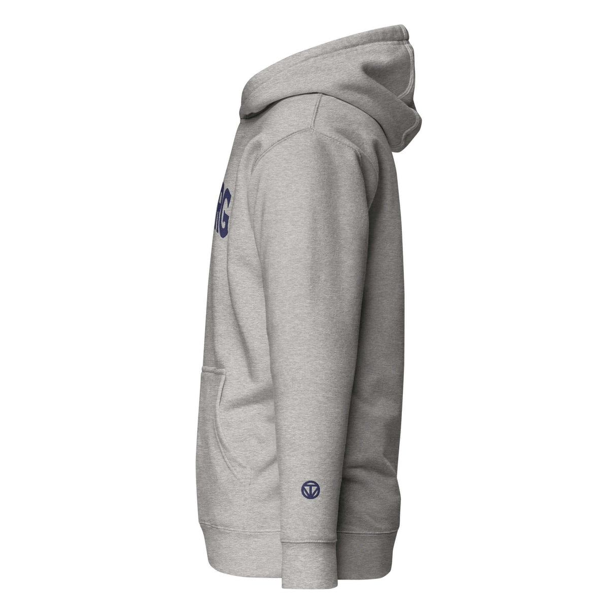 Grauer CREWILD Hoodie HAMBURG in der Seitenansicht mit blauem Logo am Ärmel.
