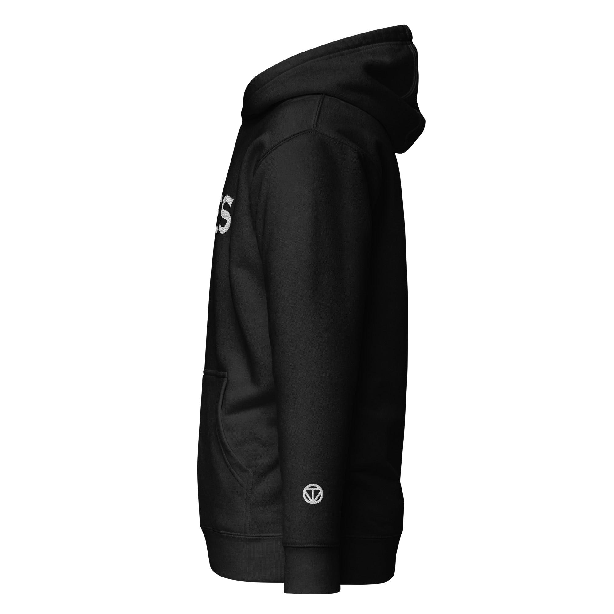 Schwarzer VIBES Hoodie mit weißem Logo, Seitenansicht, Kapuze, Bauchtasche, Markenaufnäher