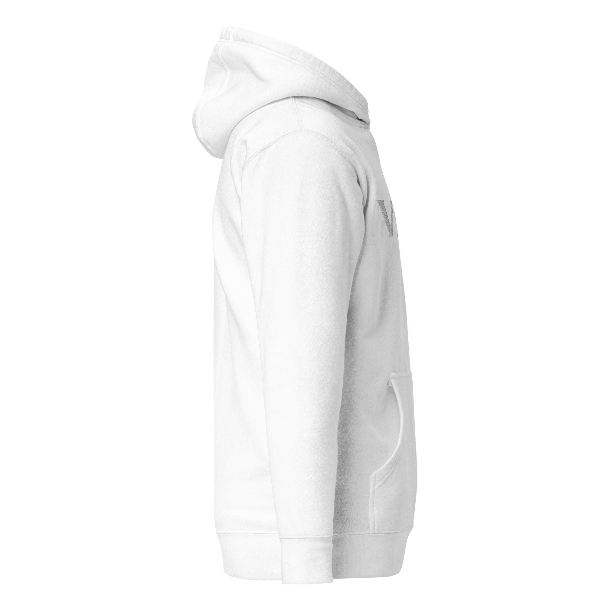 Weißer VIBES Hoodie mit Kapuze und Kängurutasche, Seitenansicht, neutraler Hintergrund