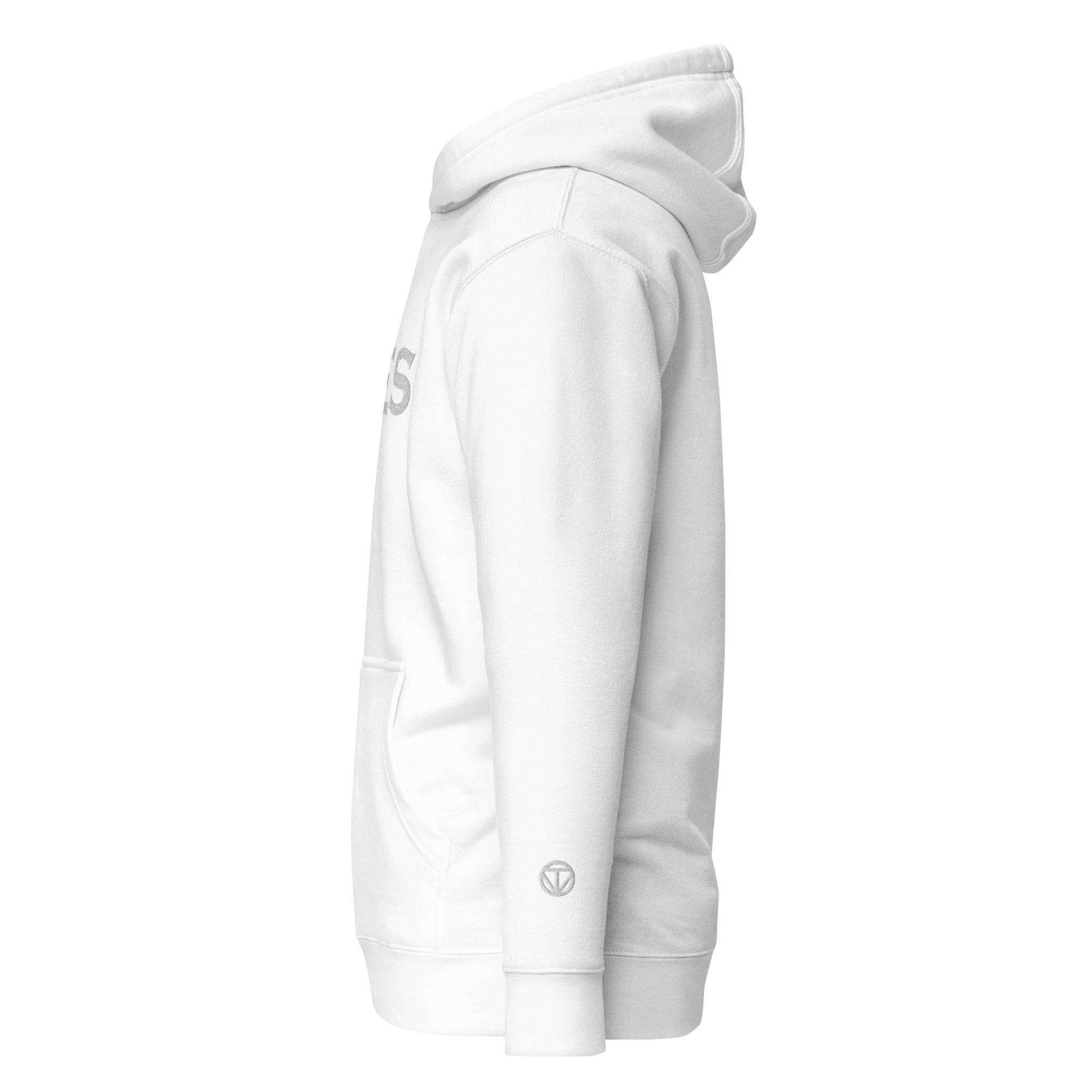 Weißer VIBES Hoodie mit Kapuze, Seitentasche und kleinem Logo auf dem Ärmel, Seitenansicht