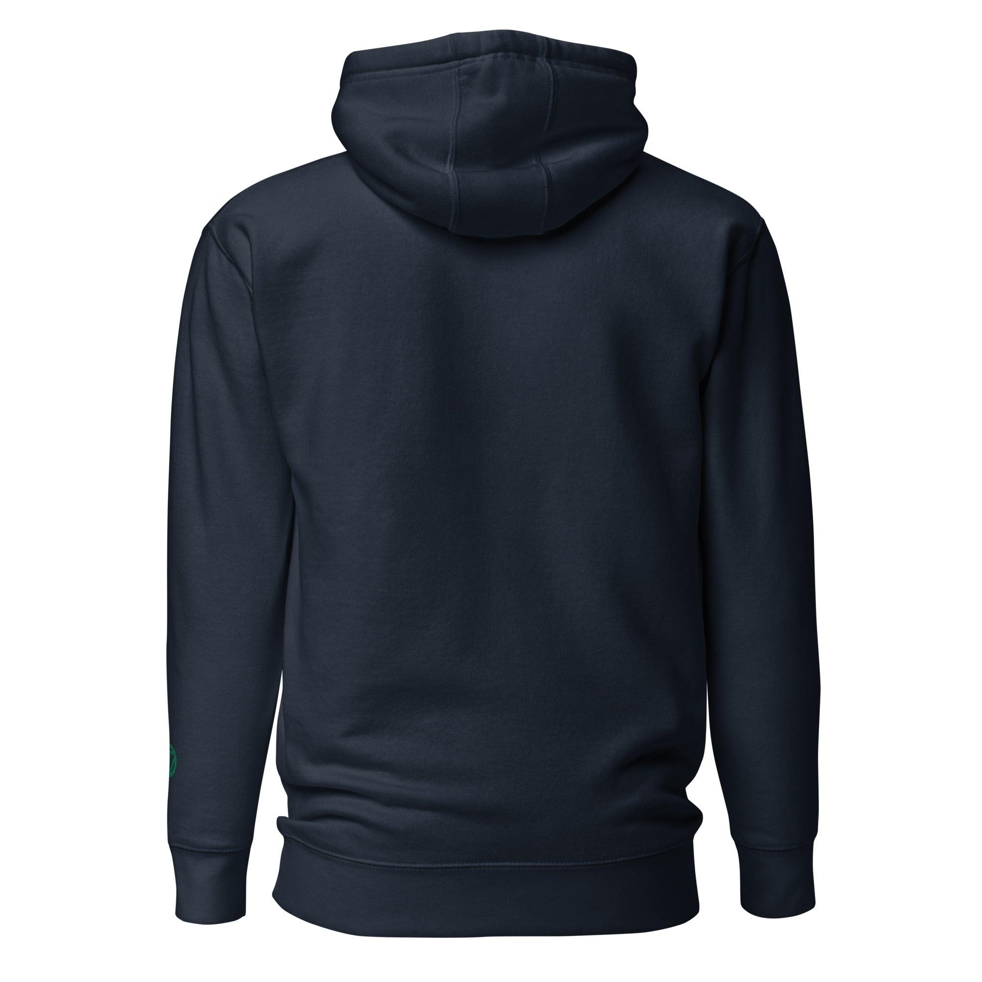 VIBES Hoodie Rückansicht in Marineblau mit Kapuze, dezente grüne Stickerei am Ärmel
