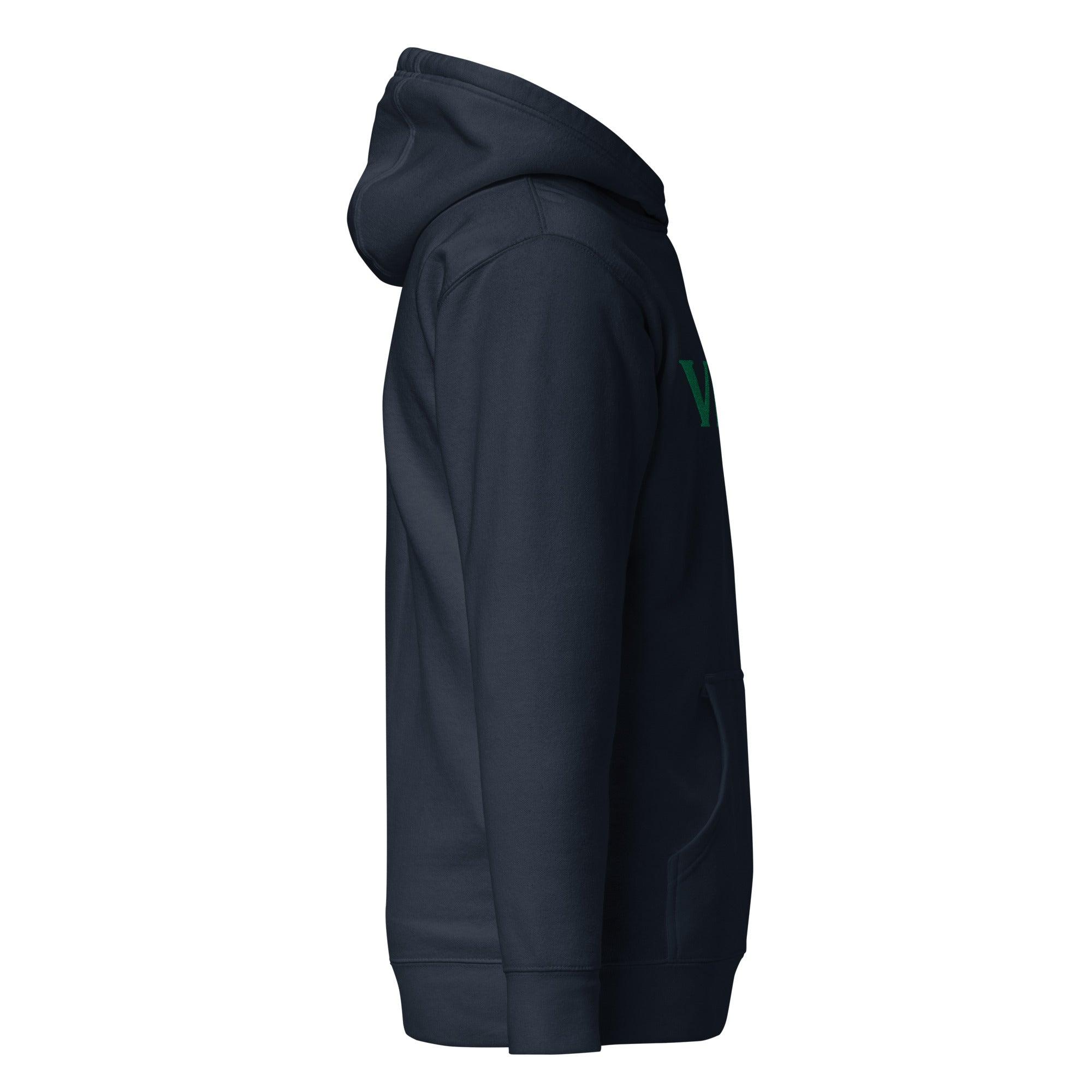 VIBES Hoodie marineblau mit grüner Stickerei, Seitenansicht, Kapuze, Kängurutasche