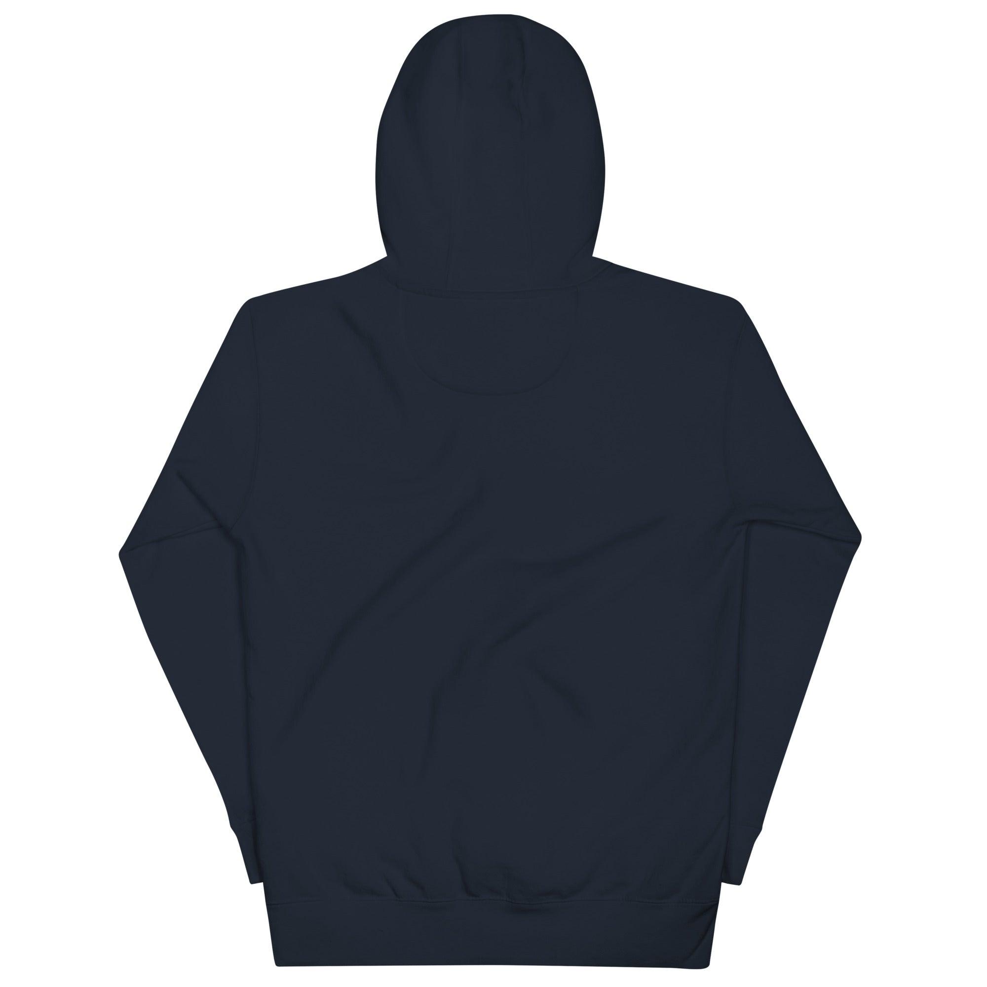 Rückseite Hoodie marineblau, Kapuze, schlichtes Design, Produktfoto auf weißem Hintergrund