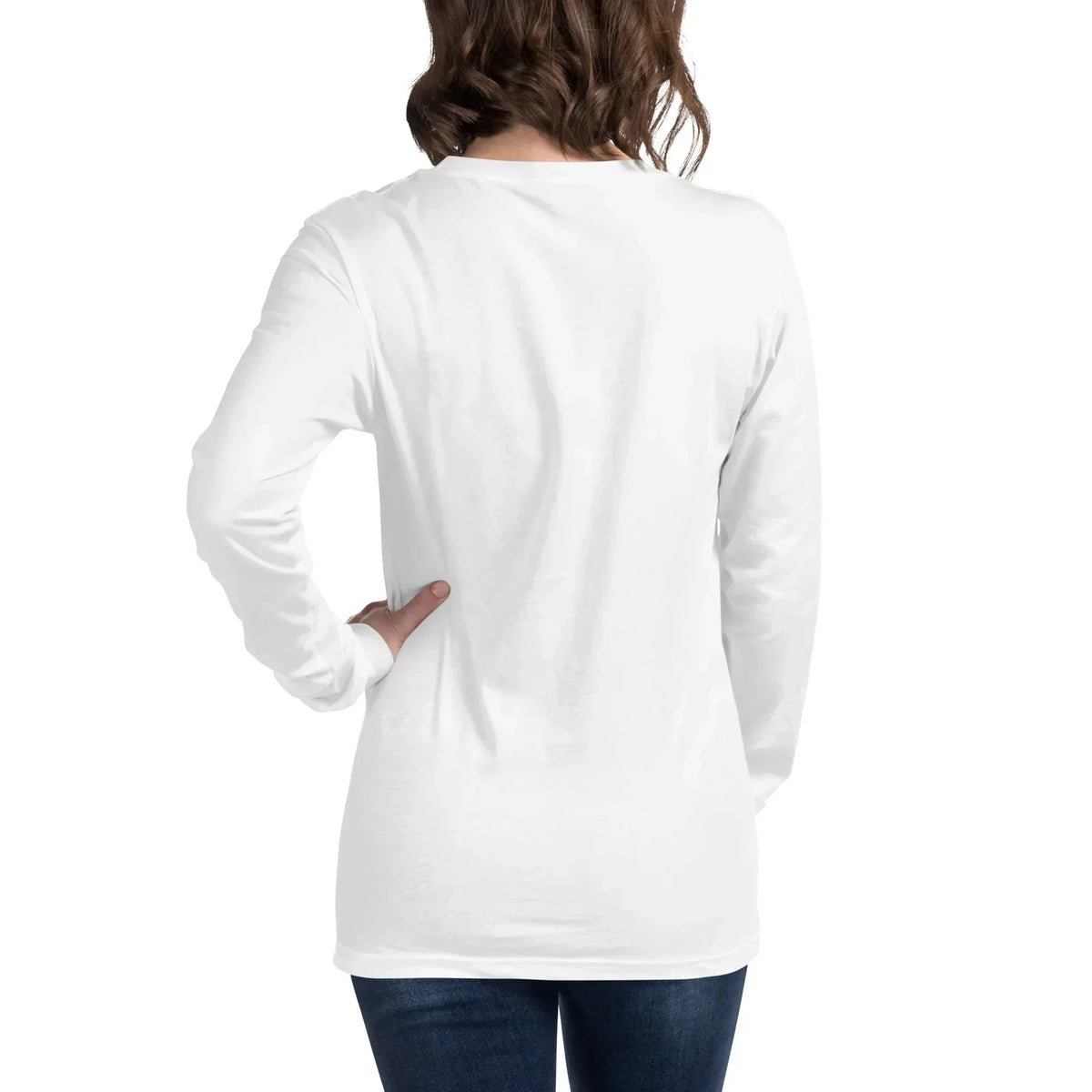 Rückansicht eines weißen CREWILD Langarm T-Shirts für Damen