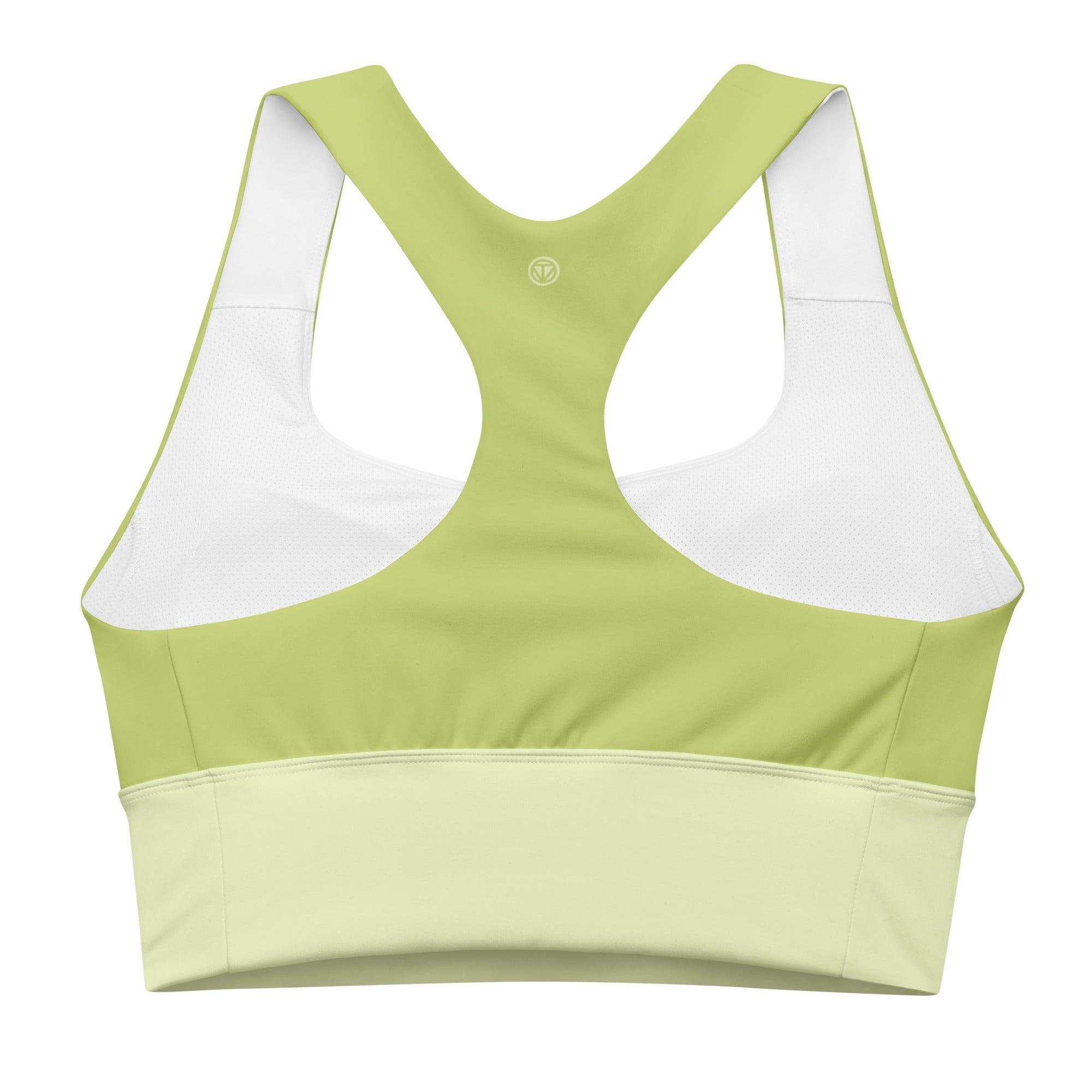 Langer Sport-BH in Grün mit Racerback und weißem Mesh-Einsatz, Rückansicht