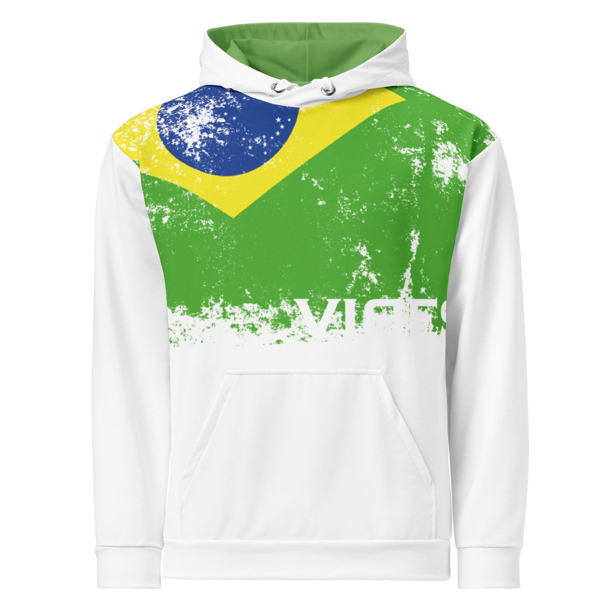Weißer Hoodie mit Brasilien-Flagge, grünem Innenfutter und VIBES-Branding