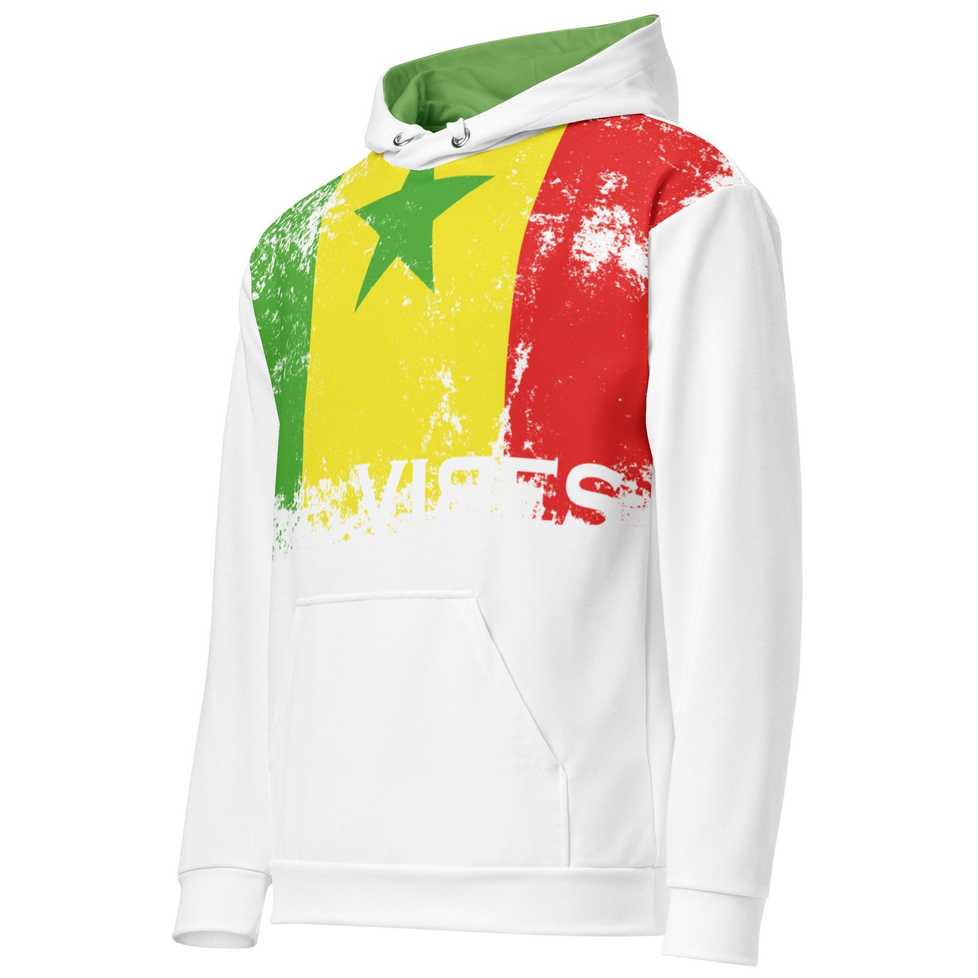 Weißer Hoodie mit Senegal Flagge, grün-gelb-rot, grünem Stern und VIBES Schriftzug