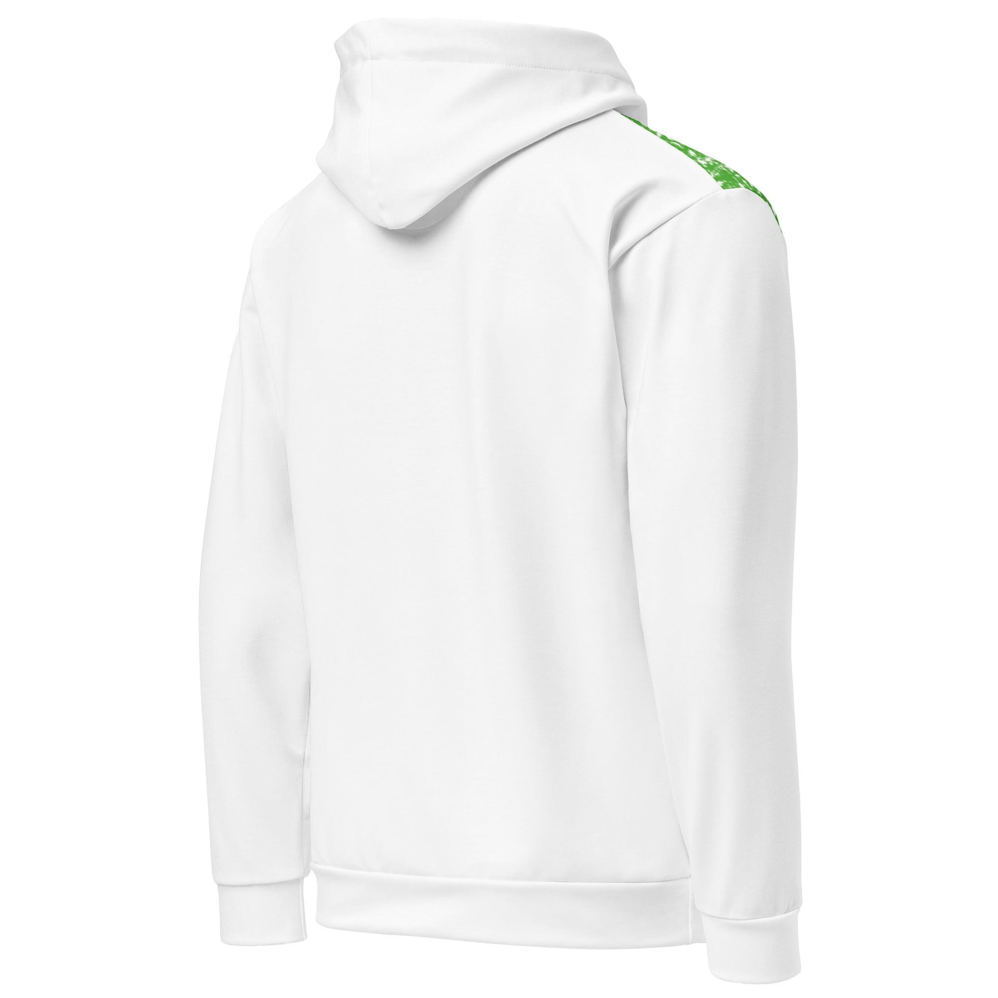 Weißer VIBES Premium Hoodie mit grünem Muster auf der Schulter, Rückansicht