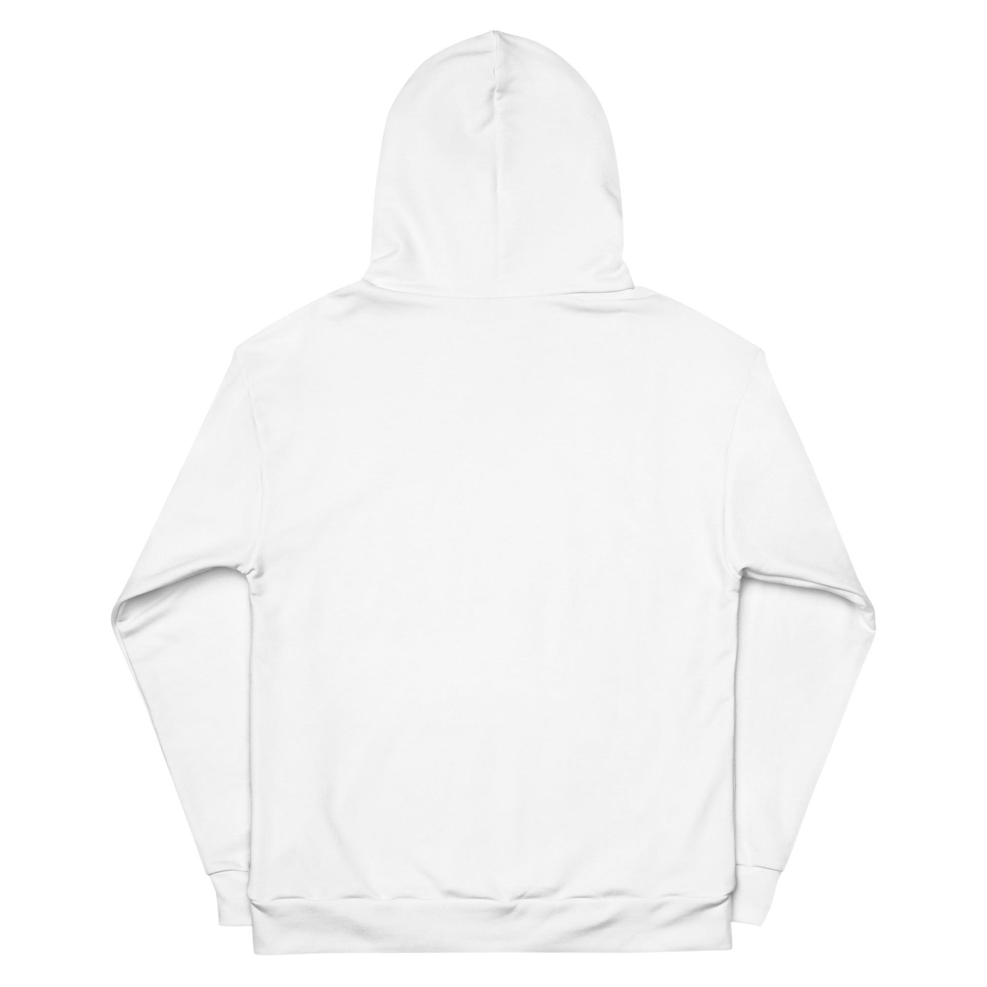 Rückansicht weißer VIBES Premium Hoodie mit Kapuze, neutraler Hintergrund