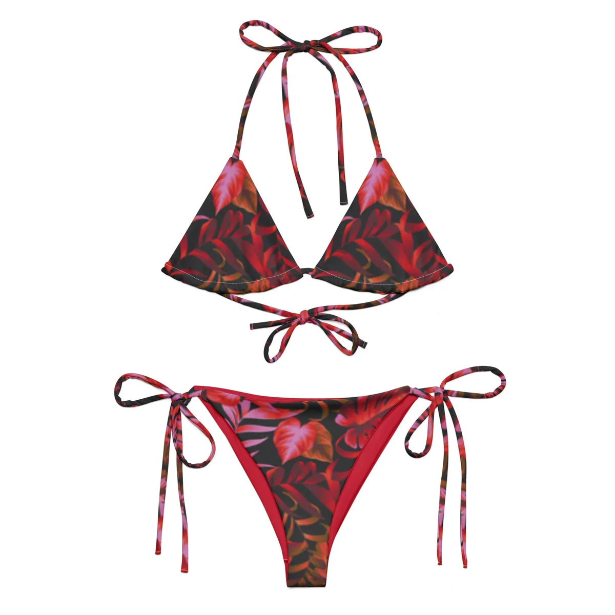 CREWILD Schnür-Bikini in Rot und Schwarz mit tropischem Blattmuster