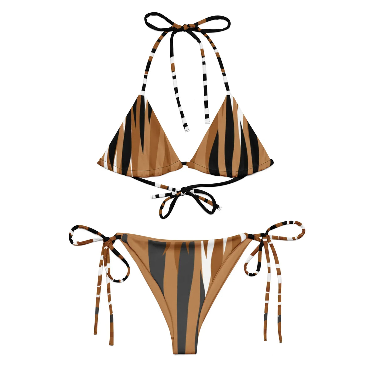 CREWILD Schnür-Bikini mit braunem Tiger-Print, bestehend aus Oberteil und Unterteil.