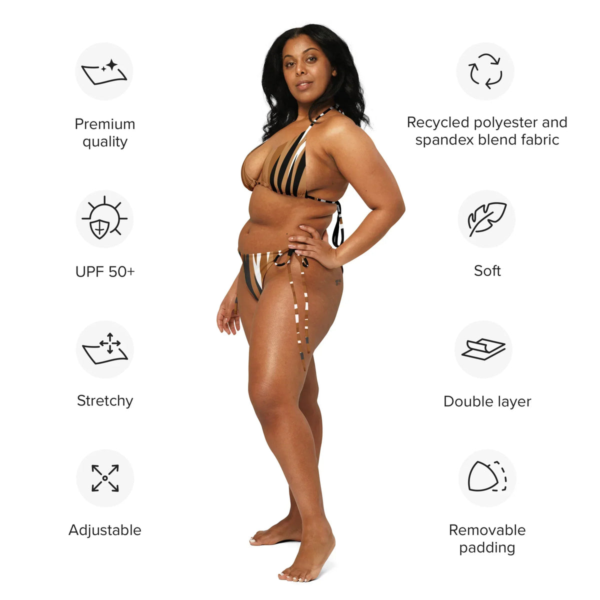CREWILD Schnür-Bikini in Tiger-Braun für Damen mit Produktmerkmalen wie UPF 50+ und Soft-Touch.