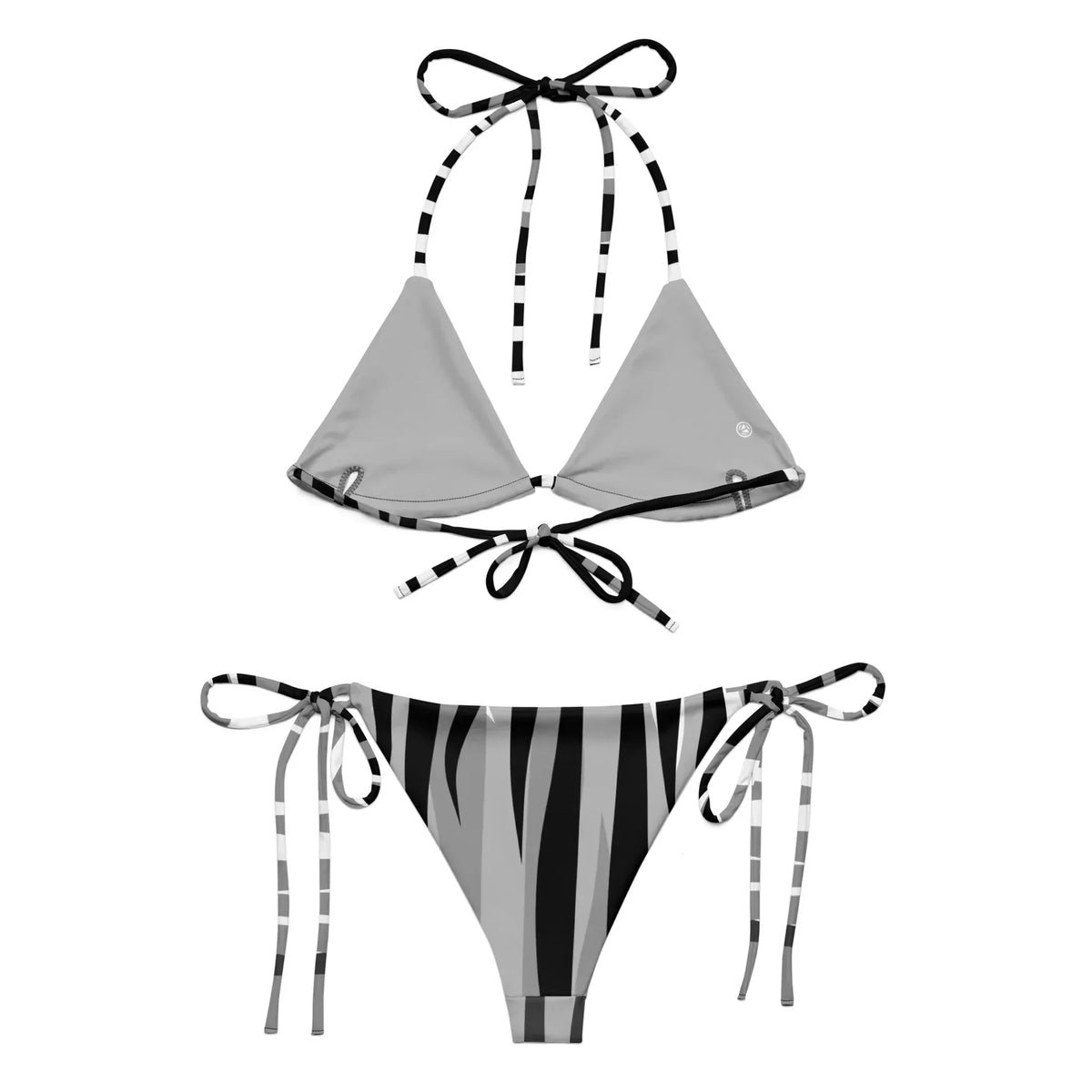 Grauer CREWILD Schnür-Bikini mit Tigerstreifen-Muster in Schwarz und Weiß.