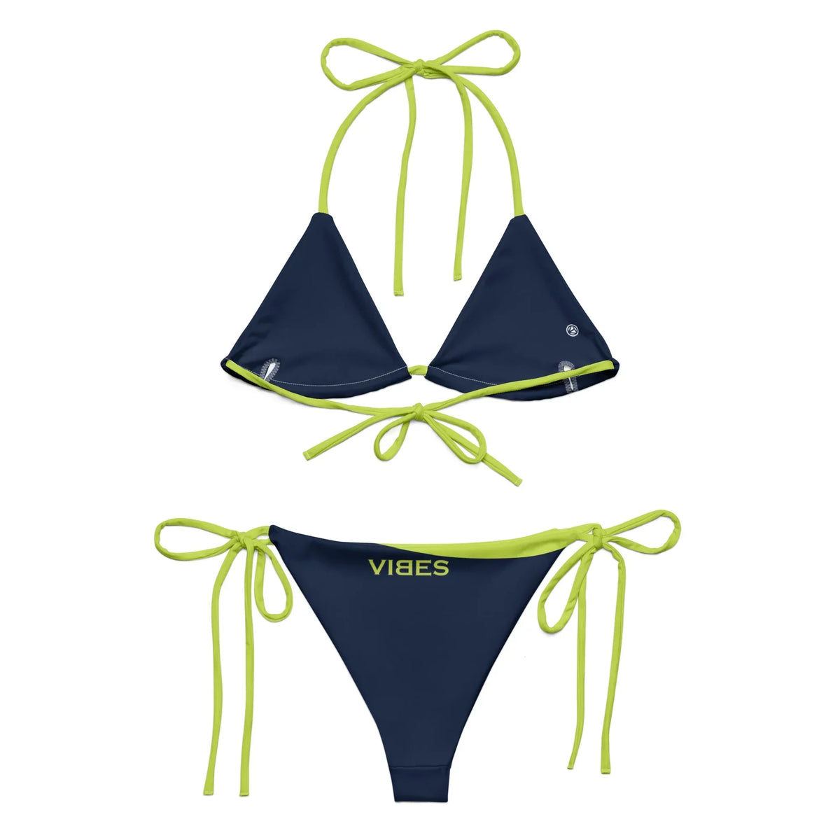 CREWILD Schnür-Bikini in Dunkelblau mit neongrünen Bändern und VIBES-Schriftzug