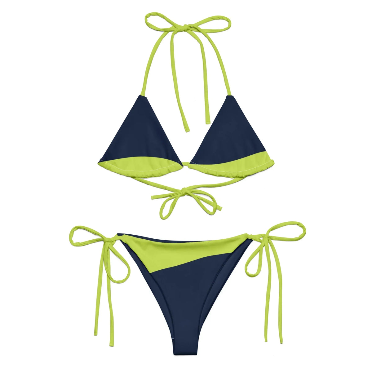 CREWILD Schnür-Bikini WAVES in Dunkelblau und Neongrün, bestehend aus Triangle-Top und Hose.
