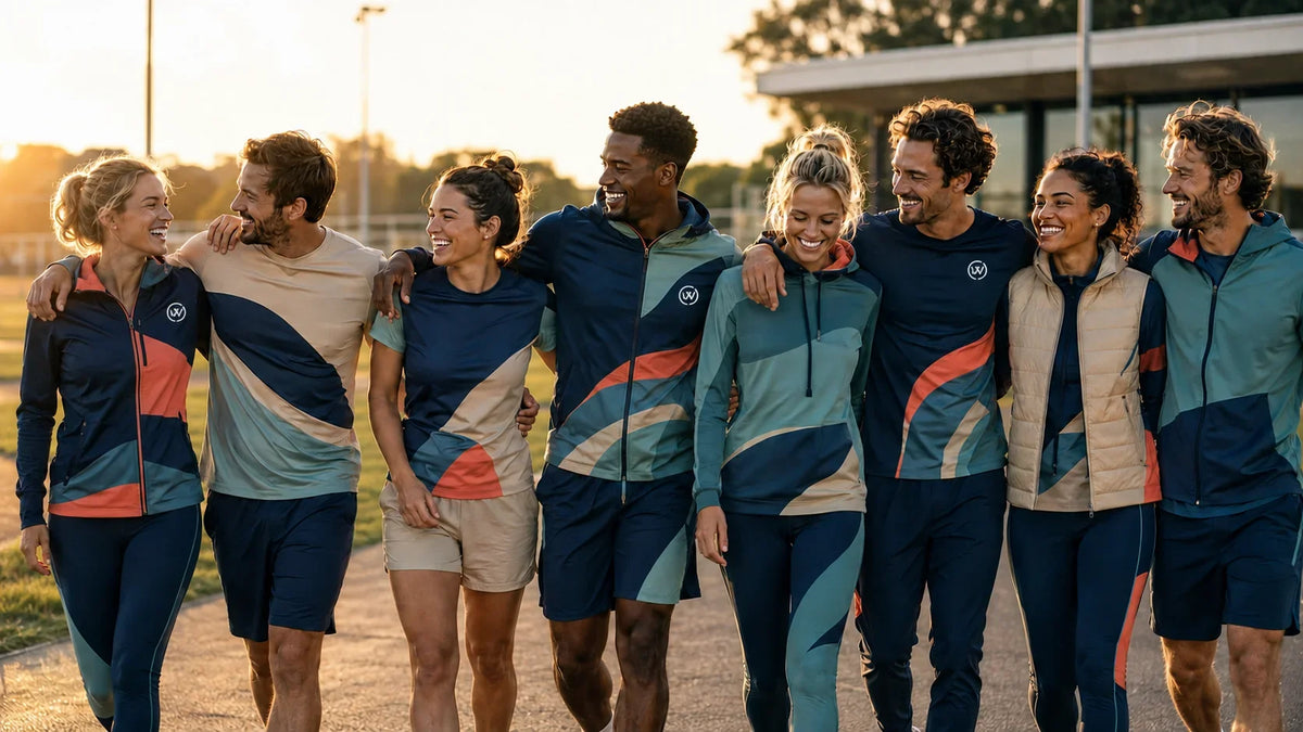 Eine Gruppe lachender Menschen in personalisierter Sportbekleidung in Blau-, Beige- und Rottönen.