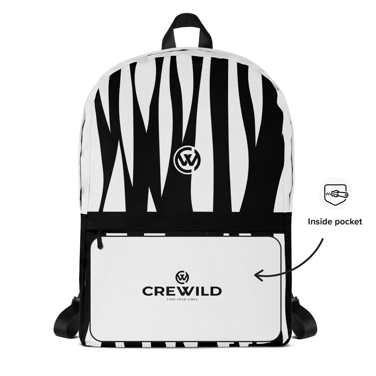 Weiß-schwarzer CREWILD Rucksack mit Jungle-Streifenmuster und Innentasche